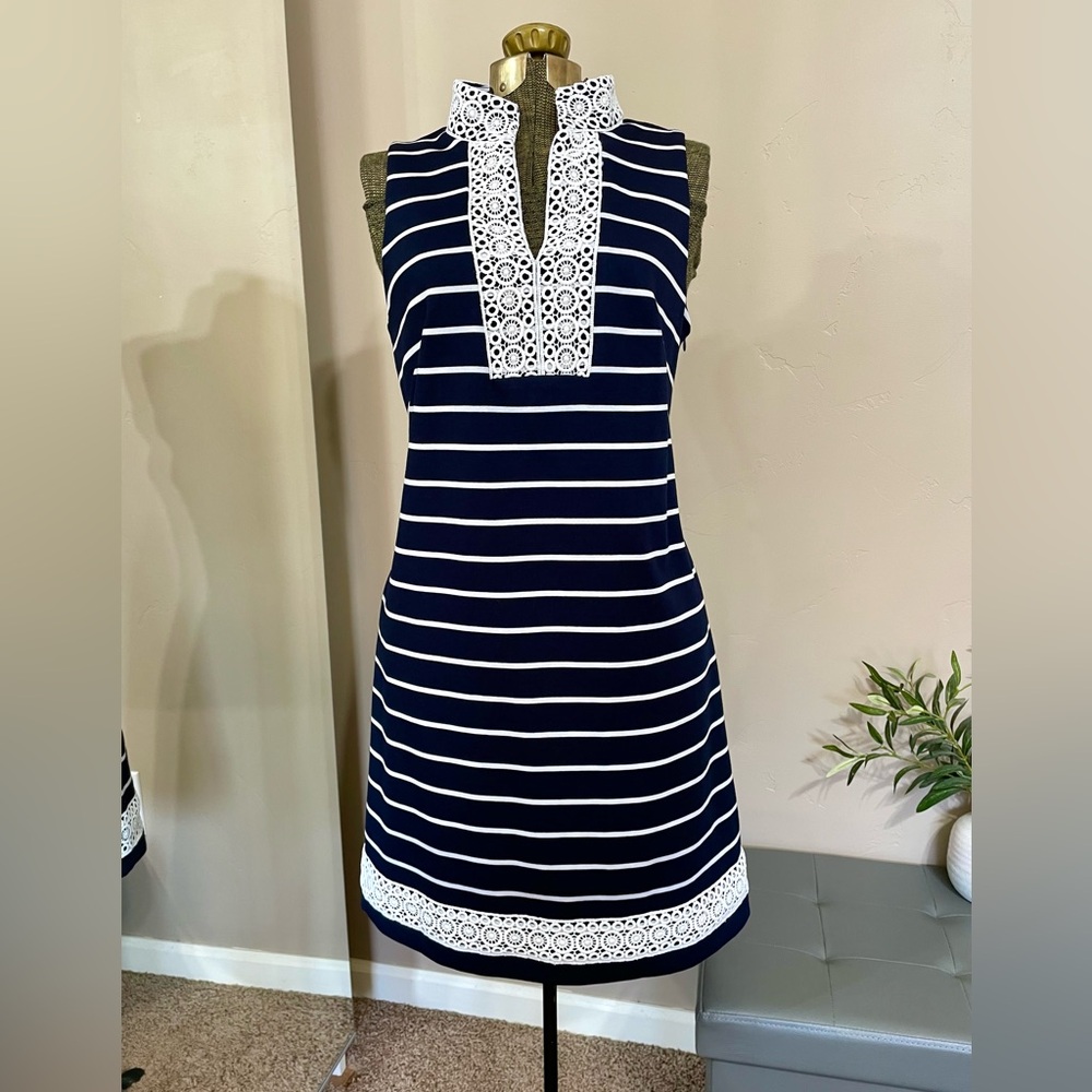 Eliza J Navy White Striped Embroidered Shift Dress Mini Preppy Coastal Resort